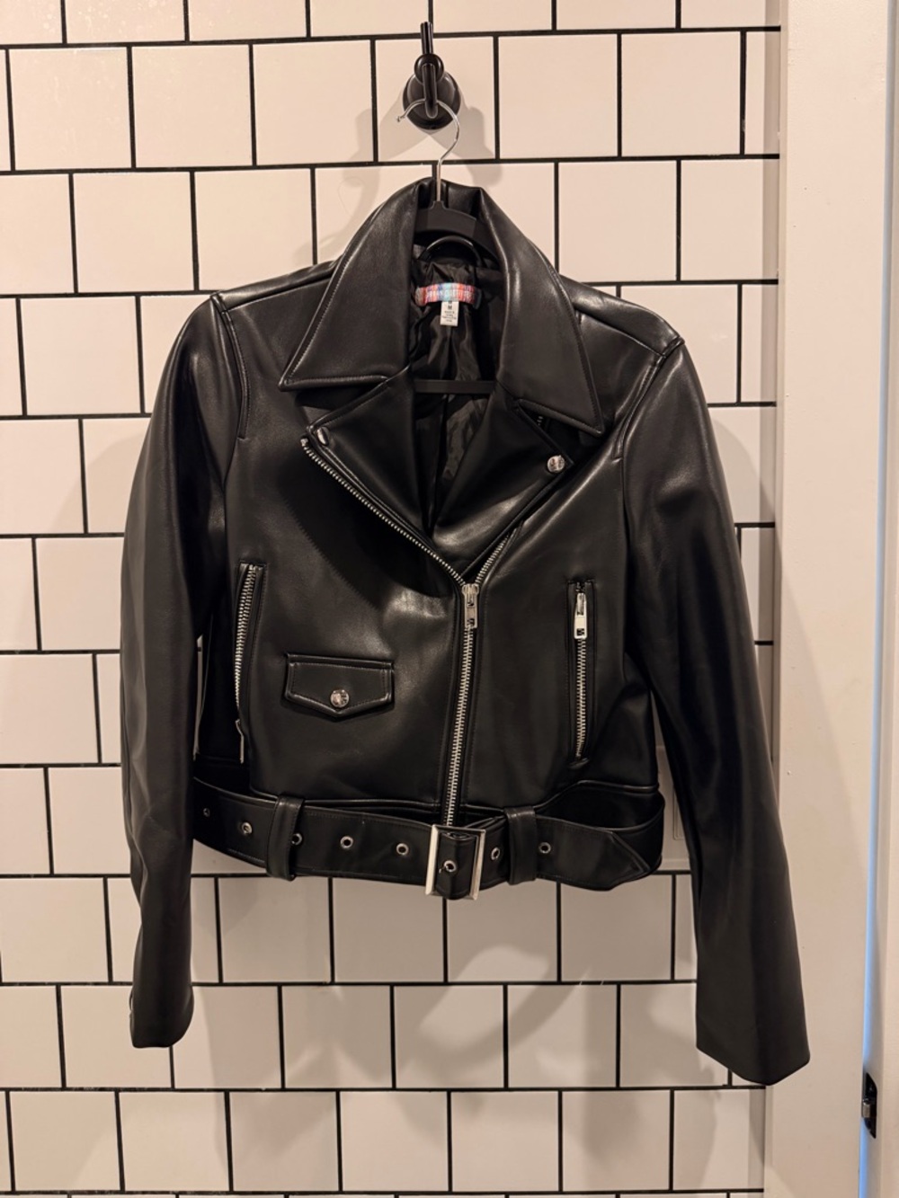 Urban Outfitters Black Faux Leather Moto Jacket with Belt